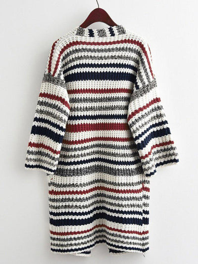 Striped Textured Knit Longline Cardigan Sweater-outerwear-Des Mess