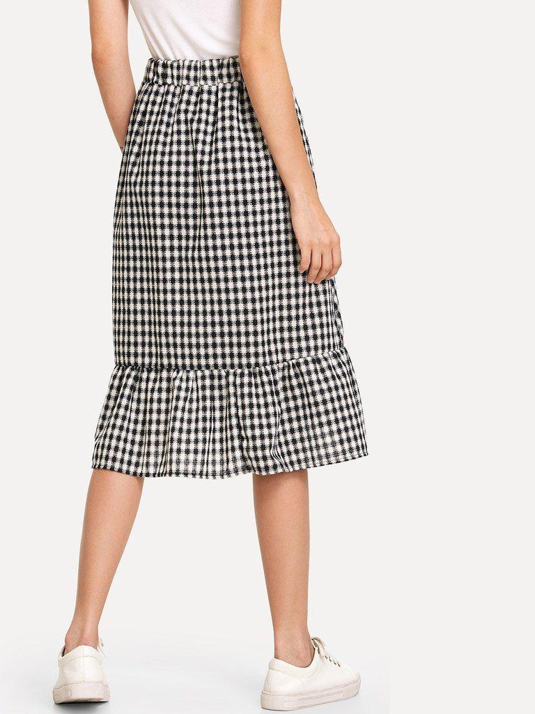 Single Breasted Ruffle Hem Checked Skirt-bottom-Des Mess