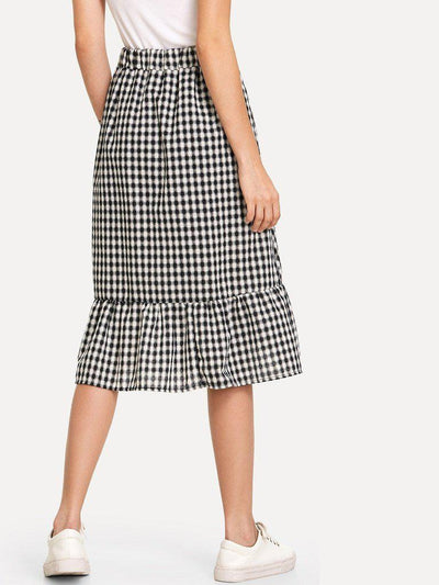 Single Breasted Ruffle Hem Checked Skirt-bottom-Des Mess