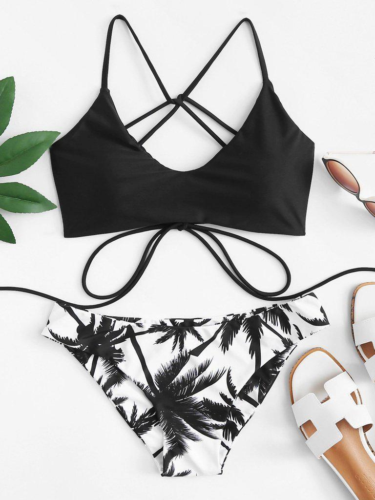 Coconut Trim Print Cross Strap Bikini Set-swimwear-Des Mess