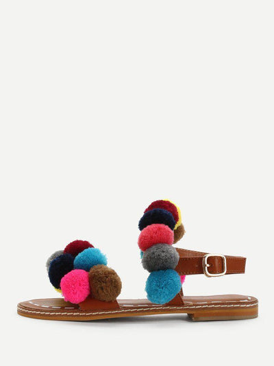 Ankle Strap Slide Sandals With Pom Pom-shoes-Des Mess