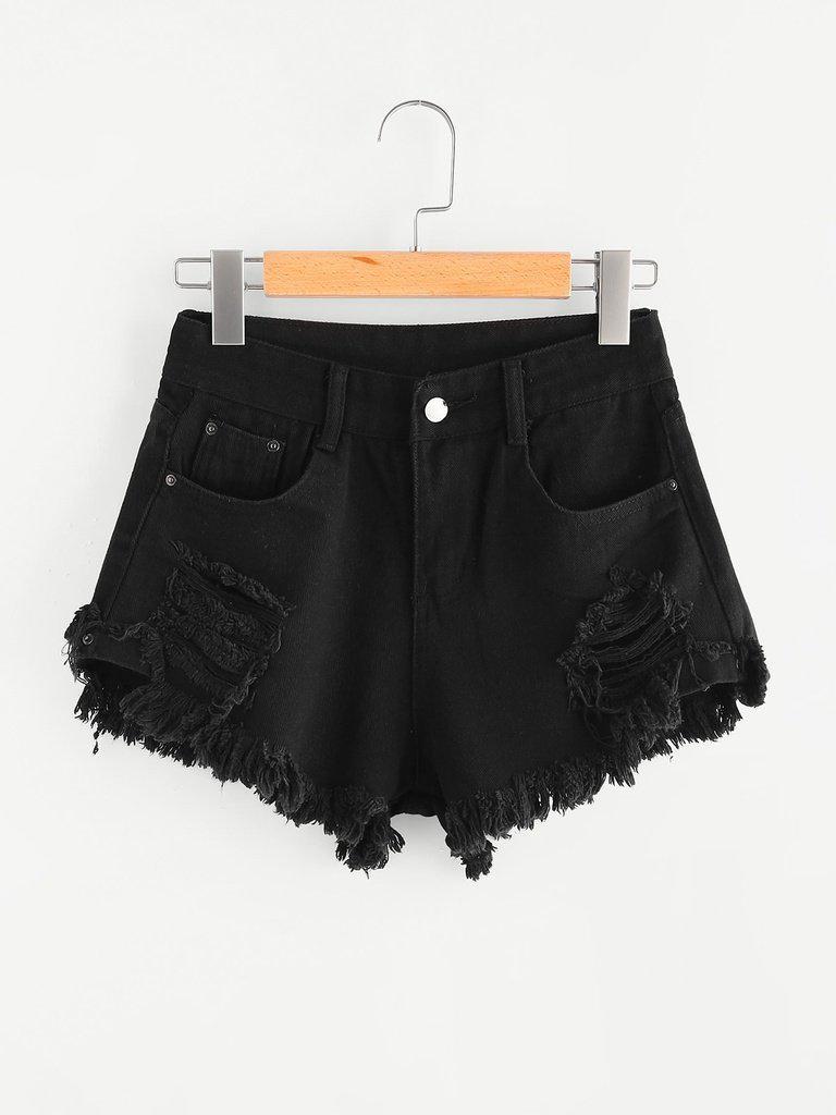 Ripped Frayed Hem Denim Shorts-bottom-Des Mess