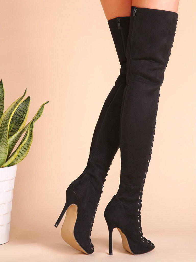 Black Sexy Criss Cross Lace Up Suede Thigh High Boots-shoes-Des Mess