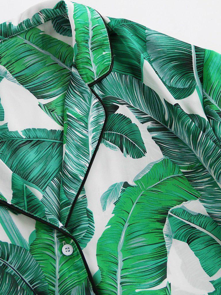 Palm Leaf Print Revere Collar Pajama Set-loungewear-Des Mess