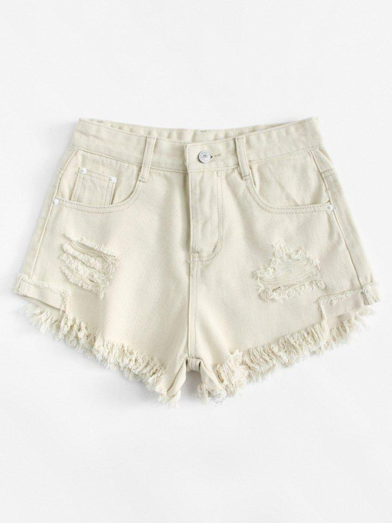 Frayed Hem Ripped Denim Shorts-bottom-Des Mess