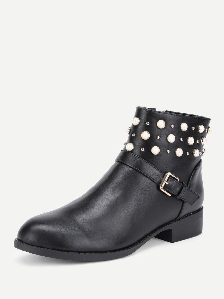 Faux Pearl Detail PU Ankle Boots-shoes-Des Mess