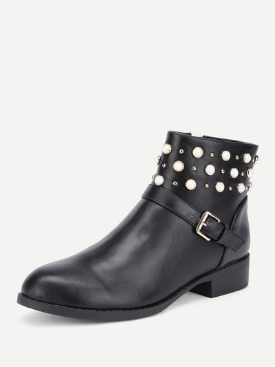 Faux Pearl Detail PU Ankle Boots-shoes-Des Mess
