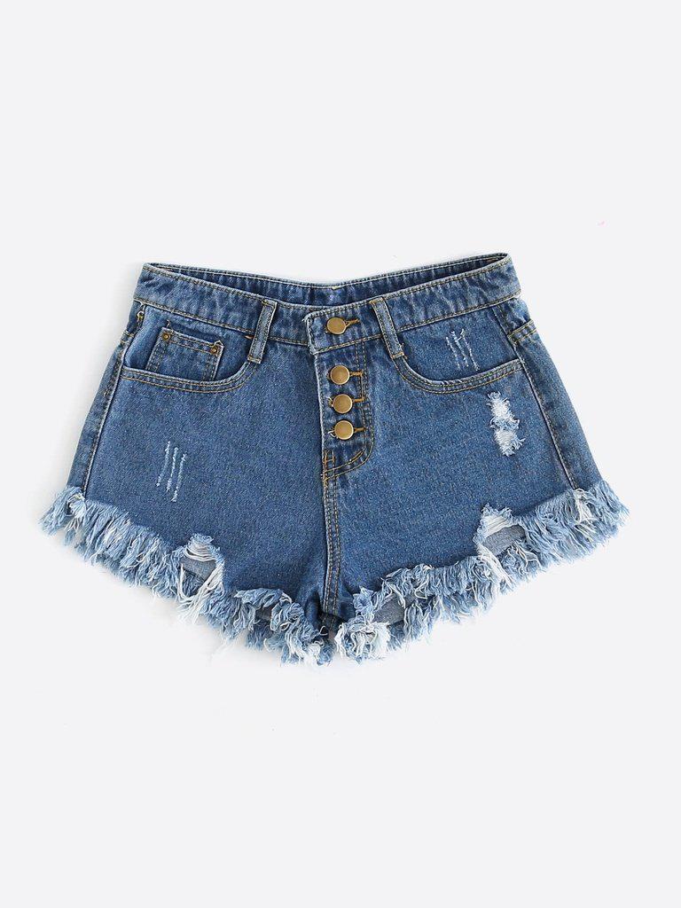 Distressed Fray Hem Denim Shorts-bottom-Des Mess