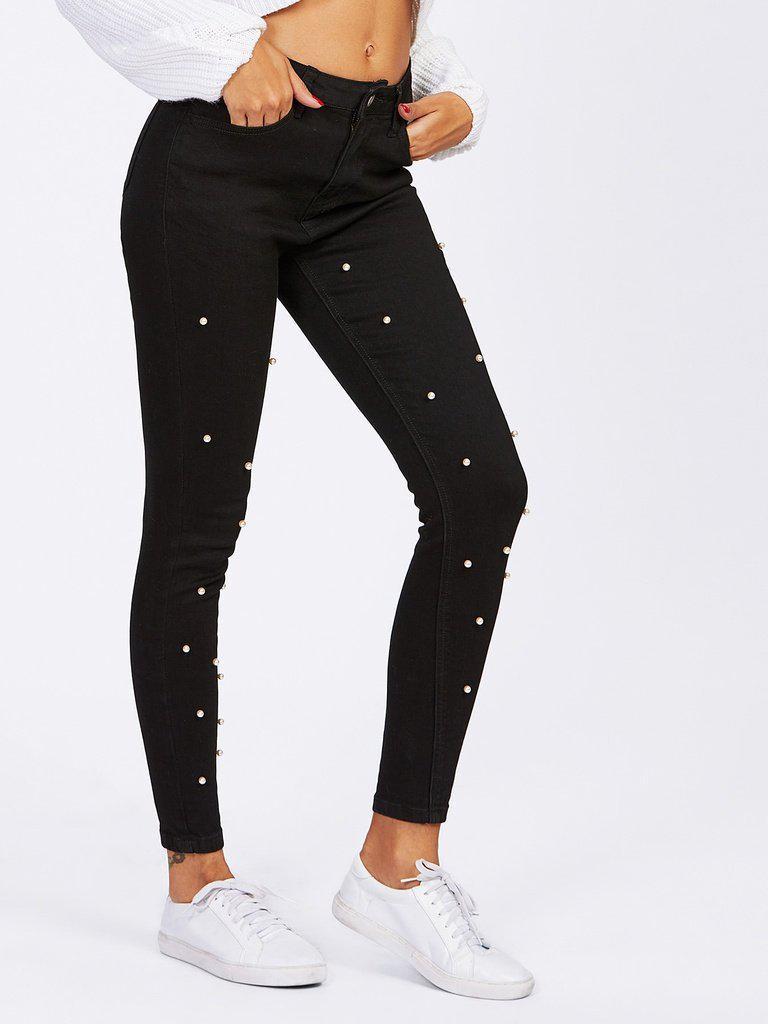 Pearl Beaded Front Jeans-bottom-Des Mess