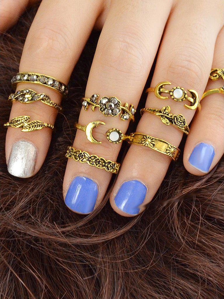 At-Gold 11Pcs/Set Moon Flower Leaf Jewelry Rings-jewelry-Des Mess