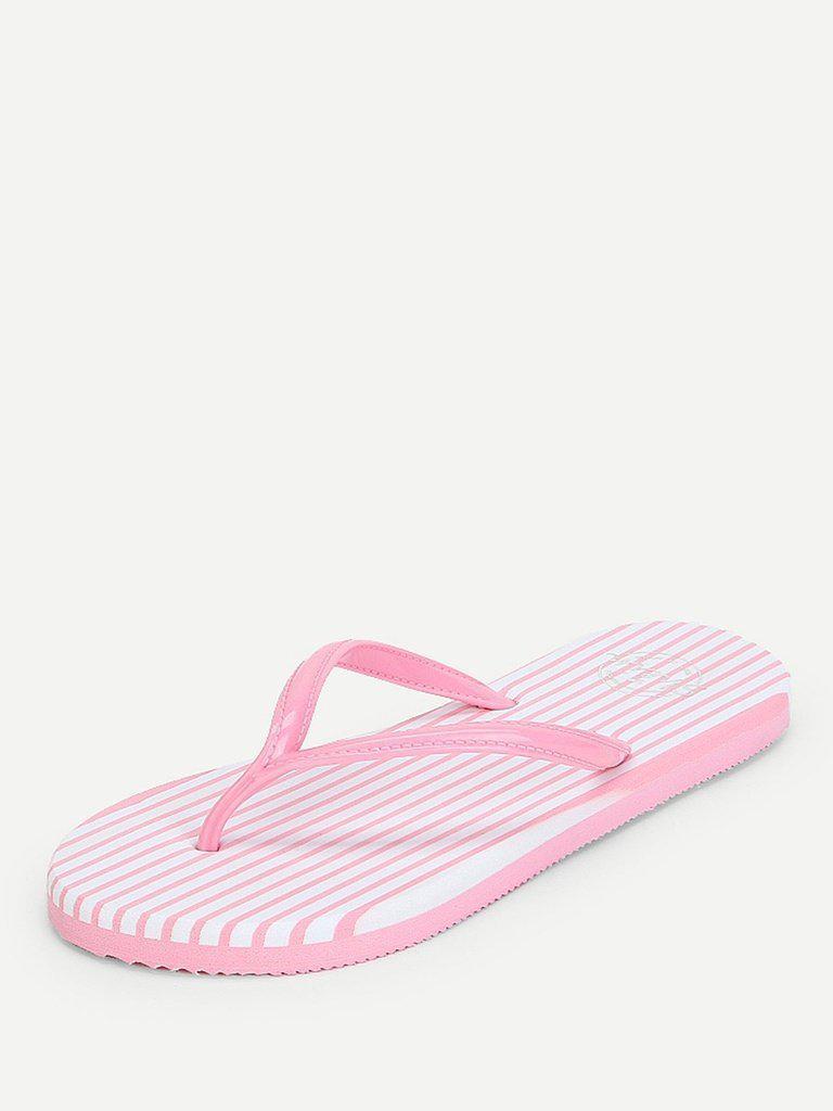 Striped Design Toe Post Slippers-shoes-Des Mess