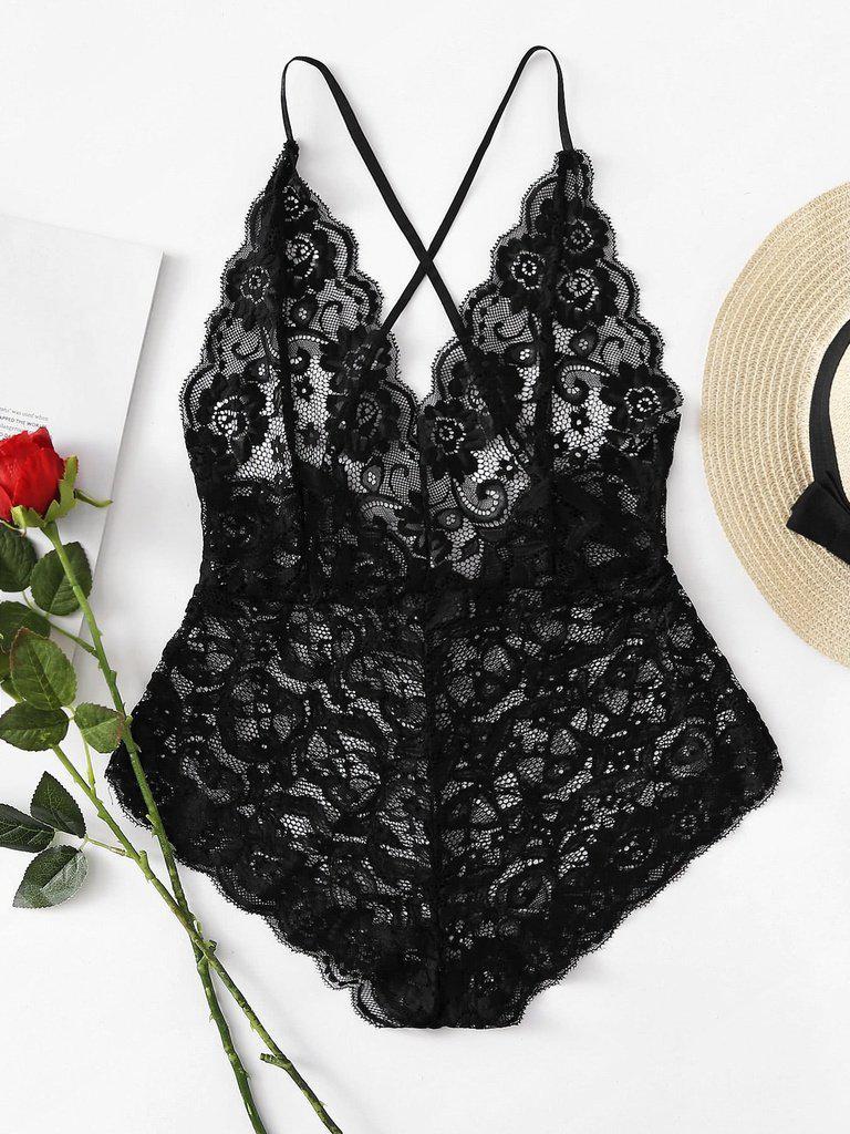 Scalloped Edge Cross Back Lace Teddy-lingerie-Des Mess