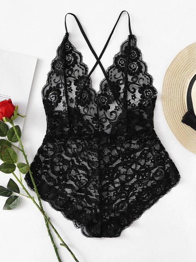 Scalloped Edge Cross Back Lace Teddy-lingerie-Des Mess