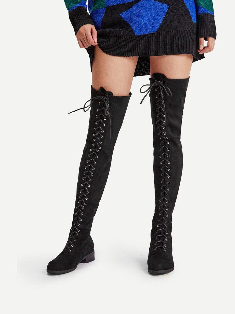 Lace Up Front Over Knee Suede Boots-shoes-Des Mess