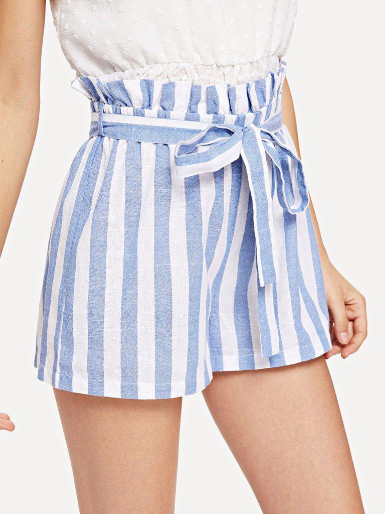 Self Belted Frill Waist Stripe Shorts-bottom-Des Mess