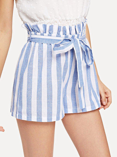 Self Belted Frill Waist Stripe Shorts-bottom-Des Mess