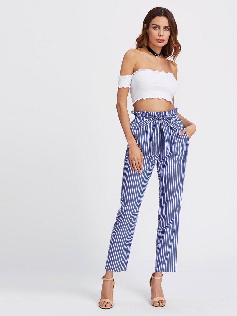 Self Tie Frill Waist Pinstripe Pants-bottom-Des Mess