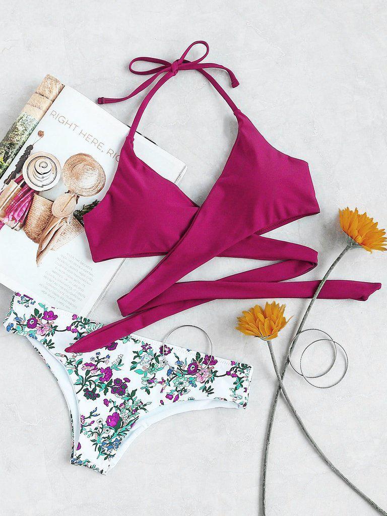 Floral Halter Wrap Knotted Back Bikini Set--Des Mess