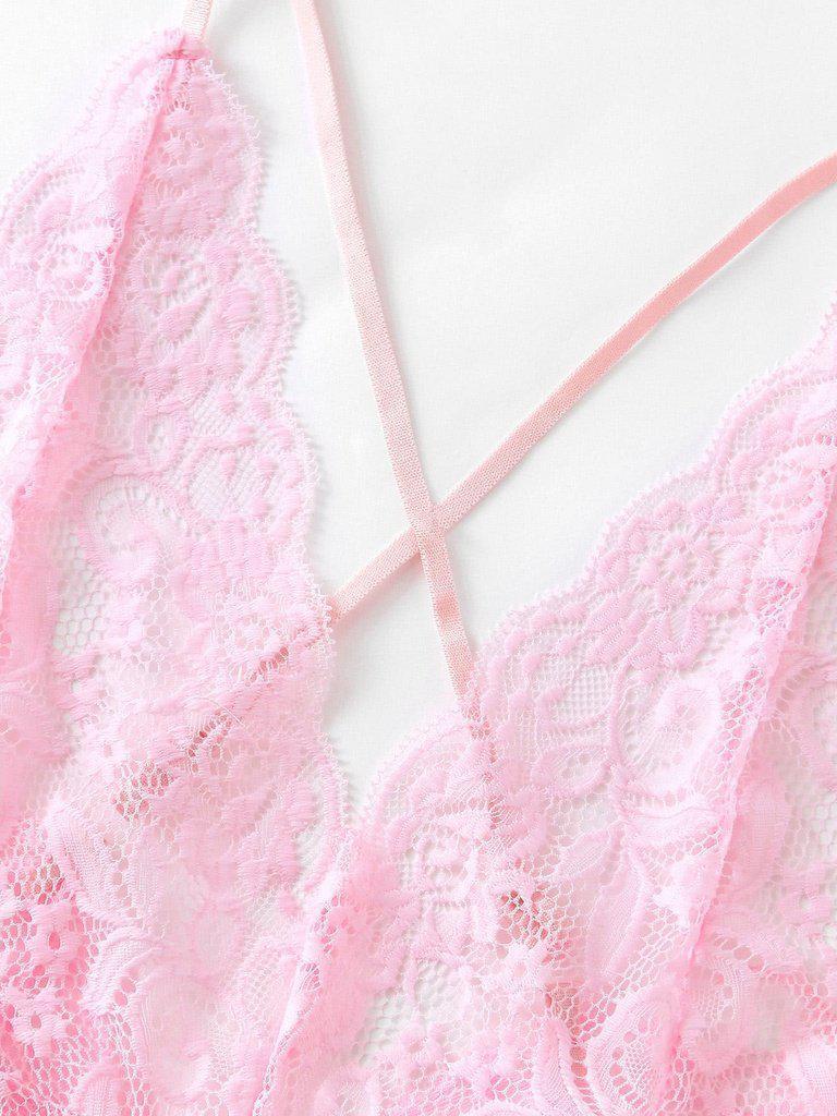 Scalloped Trim Criss Cross Lace Bodysuit-lingerie-Des Mess