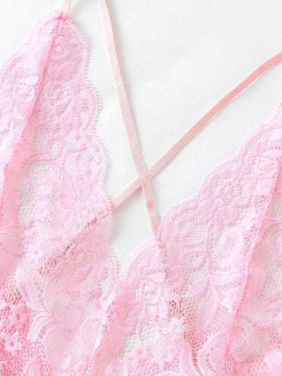 Scalloped Trim Criss Cross Lace Bodysuit-lingerie-Des Mess
