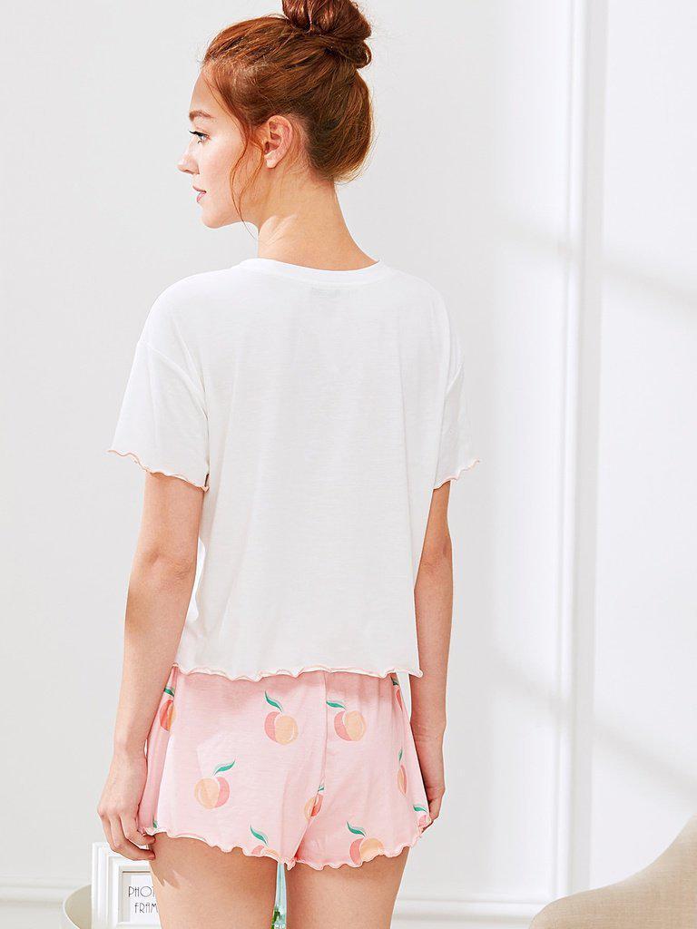 Fruit Print Lettuce Edge Tee And Shorts PJ Set-loungewear-Des Mess