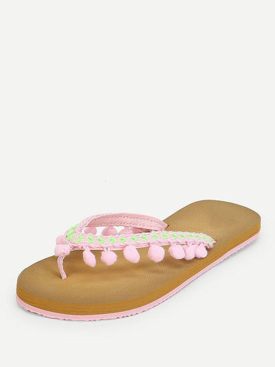 Pom Pom Decorated Flat Slippers-shoes-Des Mess