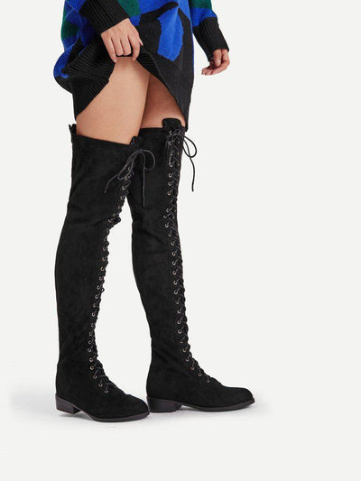 Lace Up Front Over Knee Suede Boots-shoes-Des Mess
