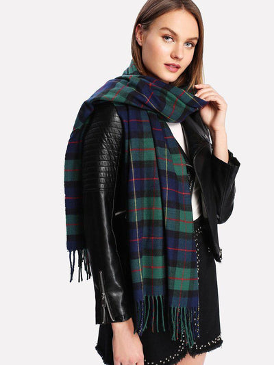 Fringe Trim Plaid Scarf-accessories-Des Mess