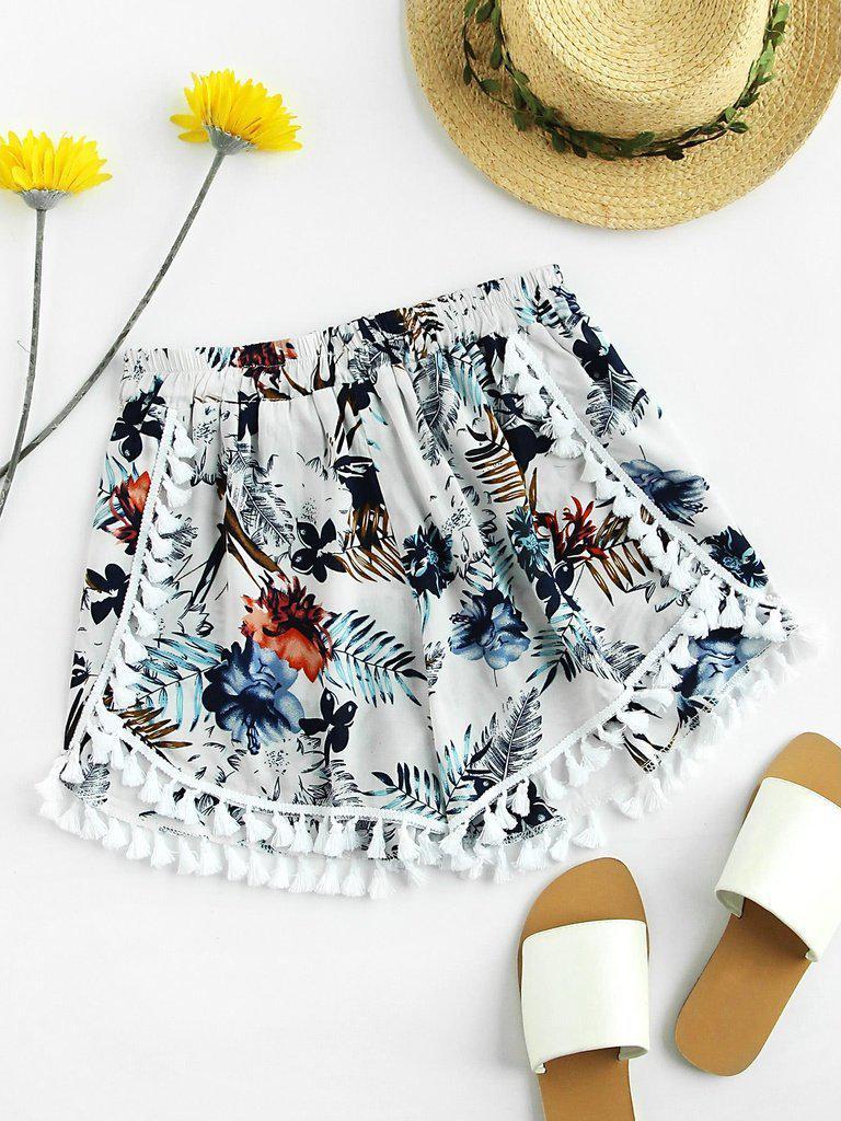 Palm Leaf Random Tassel Trim Shorts-bottom-Des Mess