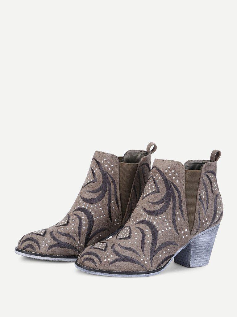 Embroidery Detail Block Heeled Ankle Boots-shoes-Des Mess