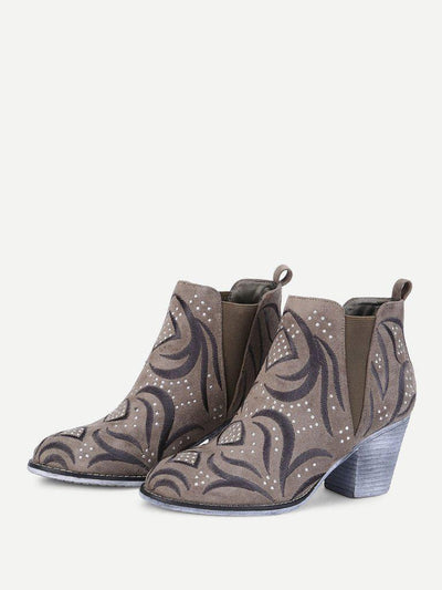 Embroidery Detail Block Heeled Ankle Boots-shoes-Des Mess