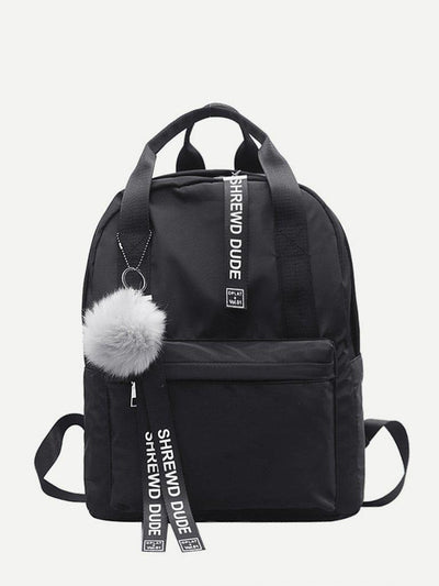 Slogan Ribbon & Pom Pom Decor Backpack-accessories-Des Mess
