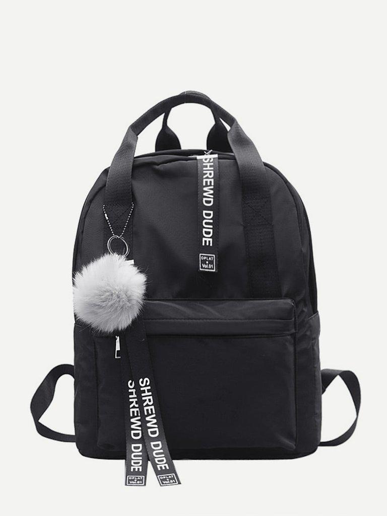 Slogan Ribbon & Pom Pom Decor Backpack-accessories-Des Mess