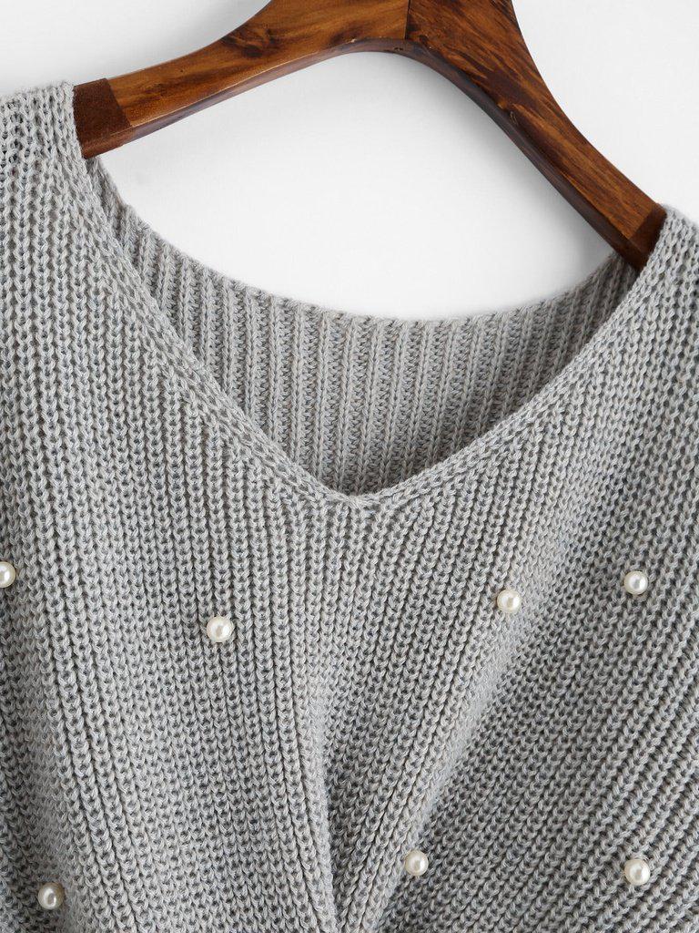 Pearl Beaded Detail Twist Sweater-outerwear-Des Mess