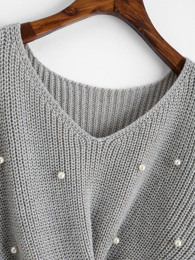 Pearl Beaded Detail Twist Sweater-outerwear-Des Mess