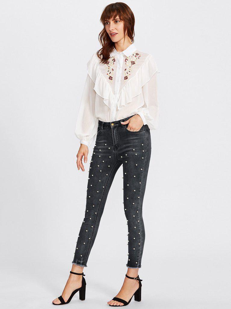 Raw Hem Faux Pearl Detail Jeans-bottom-Des Mess
