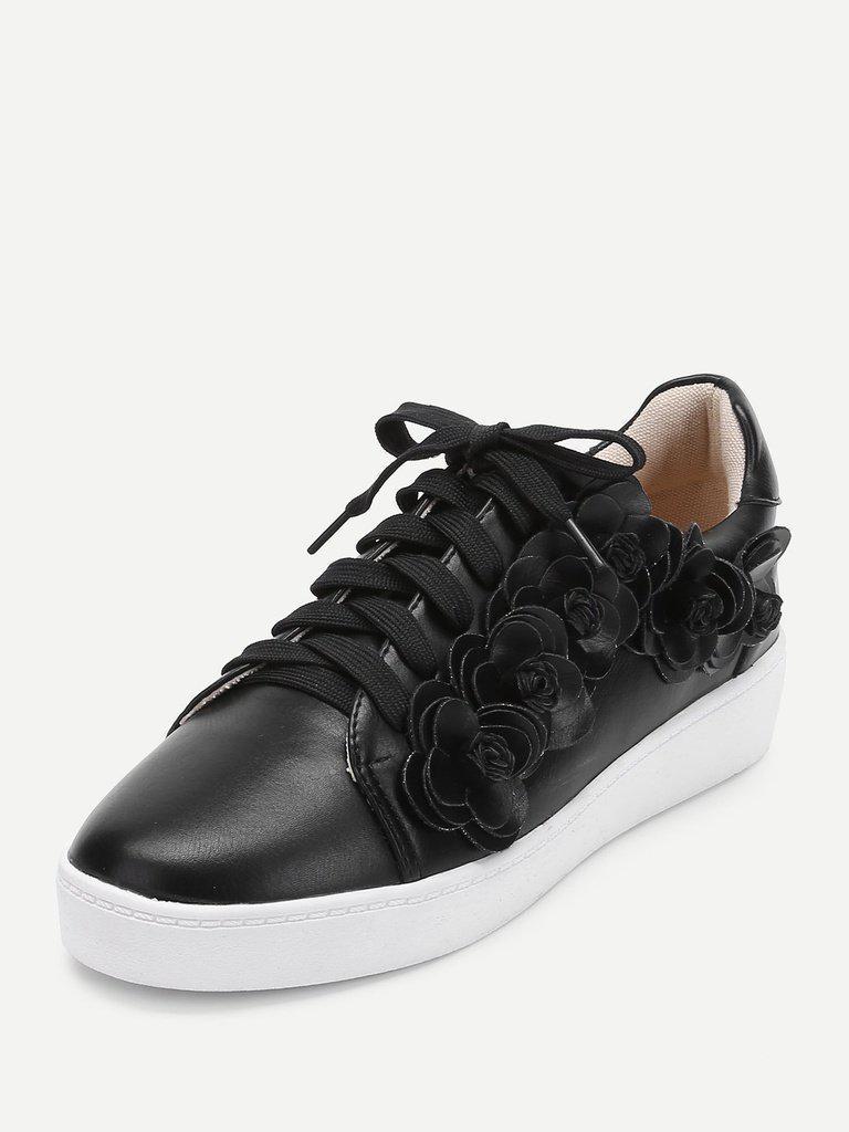 Floral Appliqued Lace Up Sneakers-shoes-Des Mess