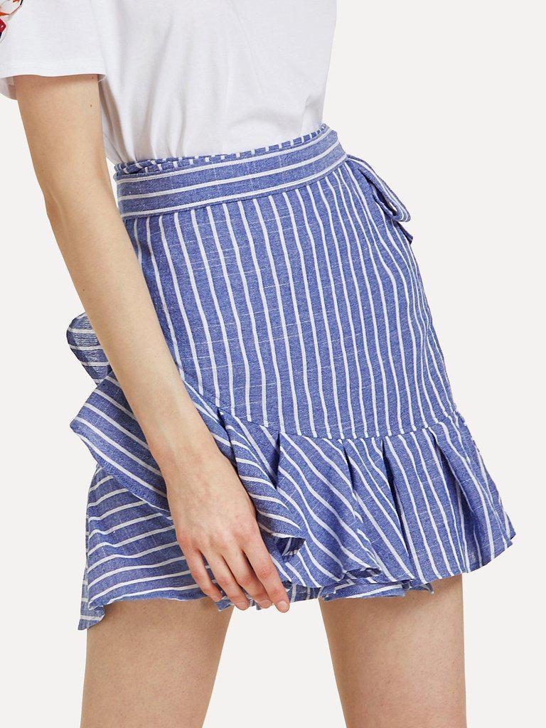 Knot Side Striped Ruffle Hem Skirt-bottom-Des Mess