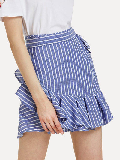 Knot Side Striped Ruffle Hem Skirt-bottom-Des Mess