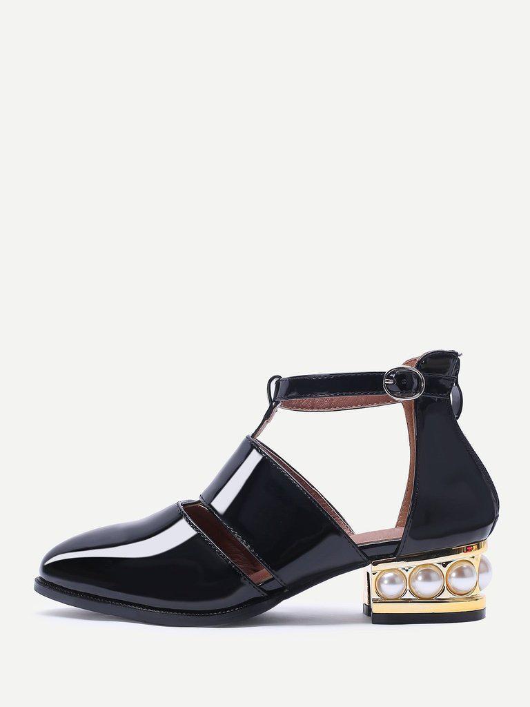 Black Pearl Design Back Zipper Patent Leather Shoes-shoes-Des Mess