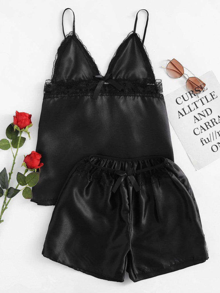 Lace Trim Bow Detail Satin Pajama Set-loungewear-Des Mess
