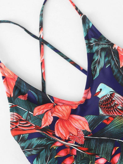 Crisscross Tropical Print Swimsuit-swimwear-Des Mess