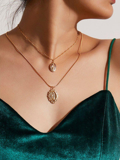 Round Pendant Chain Necklace Set 2pcs-jewelry-Des Mess