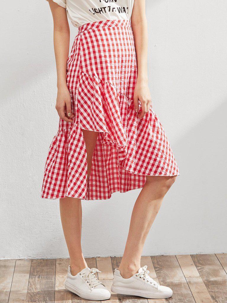 Elastic Waist Gingham Asymmetric Frill Skirt-bottom-Des Mess