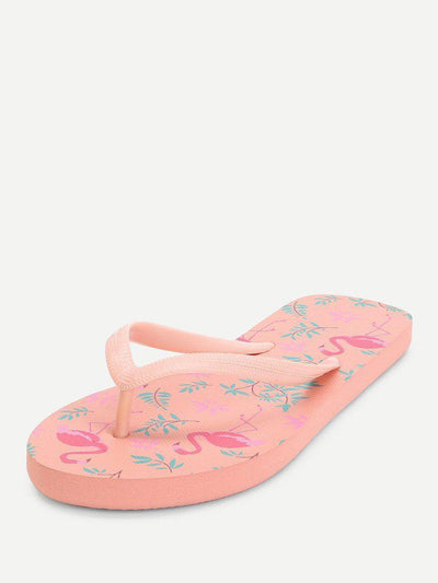Flamingo Print Flat Slippers-shoes-Des Mess