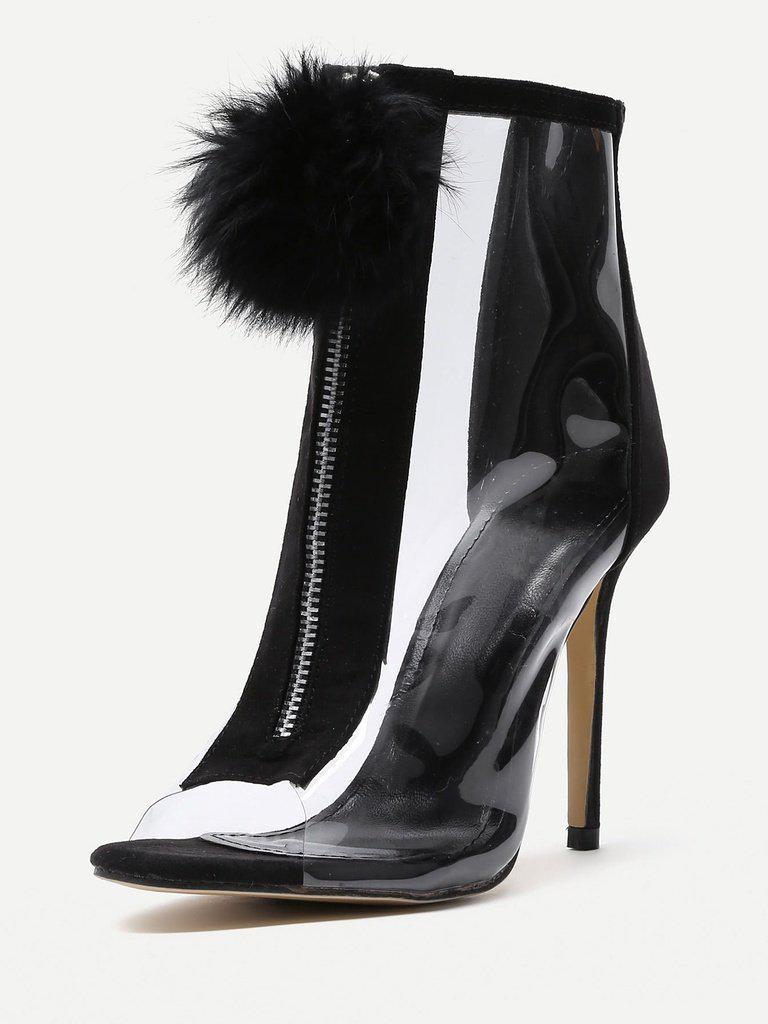 Pom Pom Front Zipper Design Stiletto Heels-shoes-Des Mess