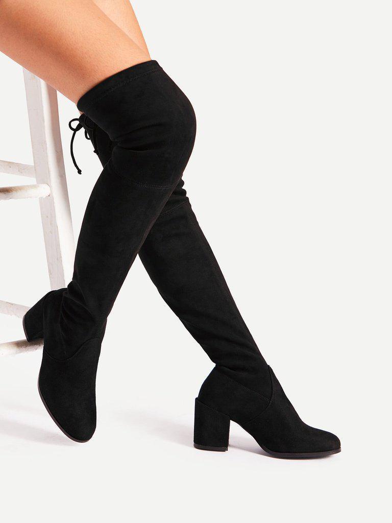 Tie Back Over Knee Block Heeled Boots-shoes-Des Mess