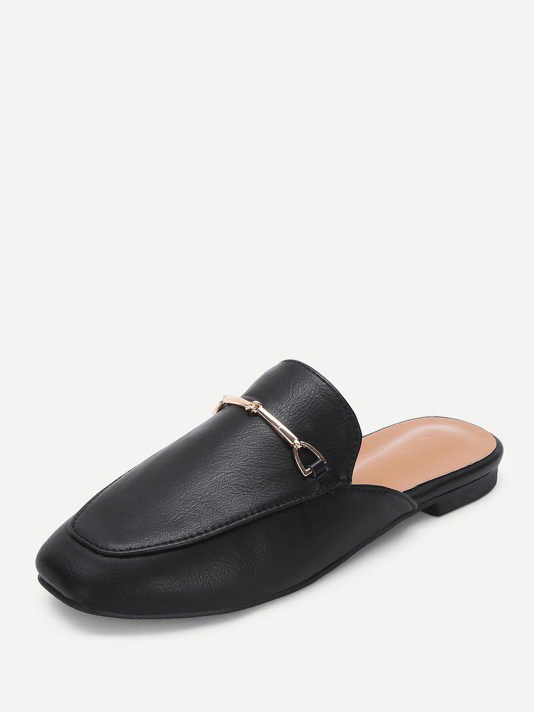 Metal Detail Square Toe PU Flats-shoes-Des Mess