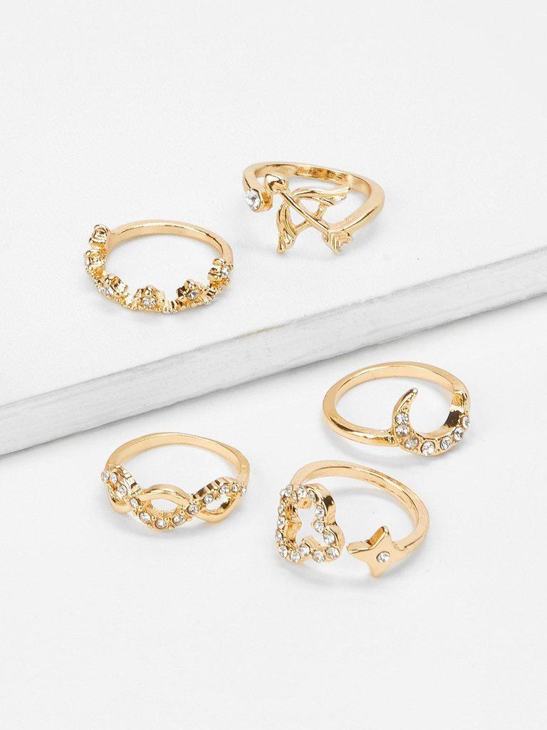 Bow & Moon Rhinestone Rings Set 5pcs-jewelry-Des Mess