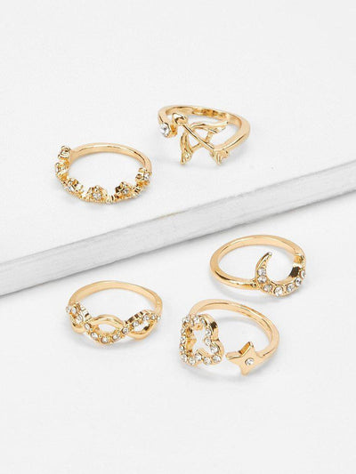 Bow & Moon Rhinestone Rings Set 5pcs-jewelry-Des Mess